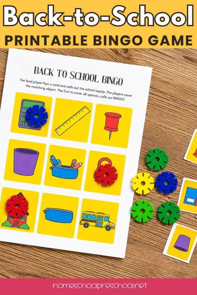Printable back-to-school bingo game for preschoolers featuring school-themed picture cards and colorful bingo markers.