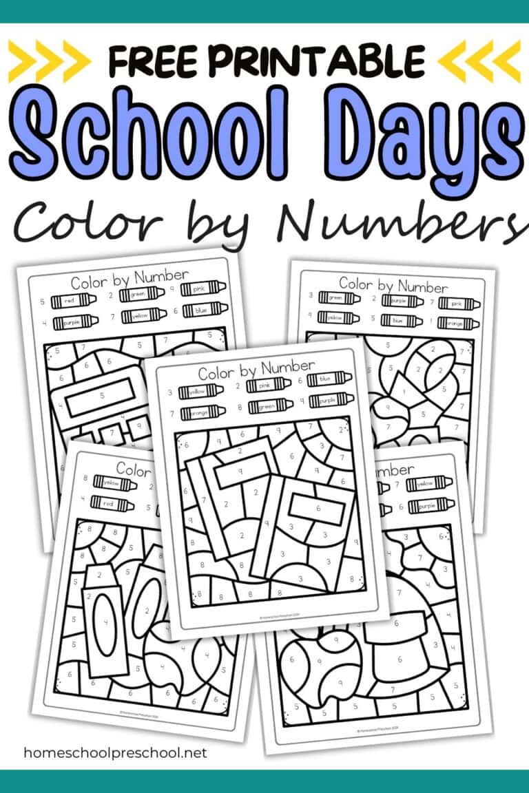 School Days Color by Number Worksheets for Preschool Learners