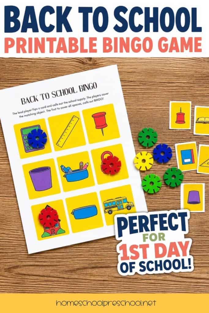 Back-to-school bingo printable for preschoolers with school-themed picture cards, colorful bingo markers, and matching calling cards.