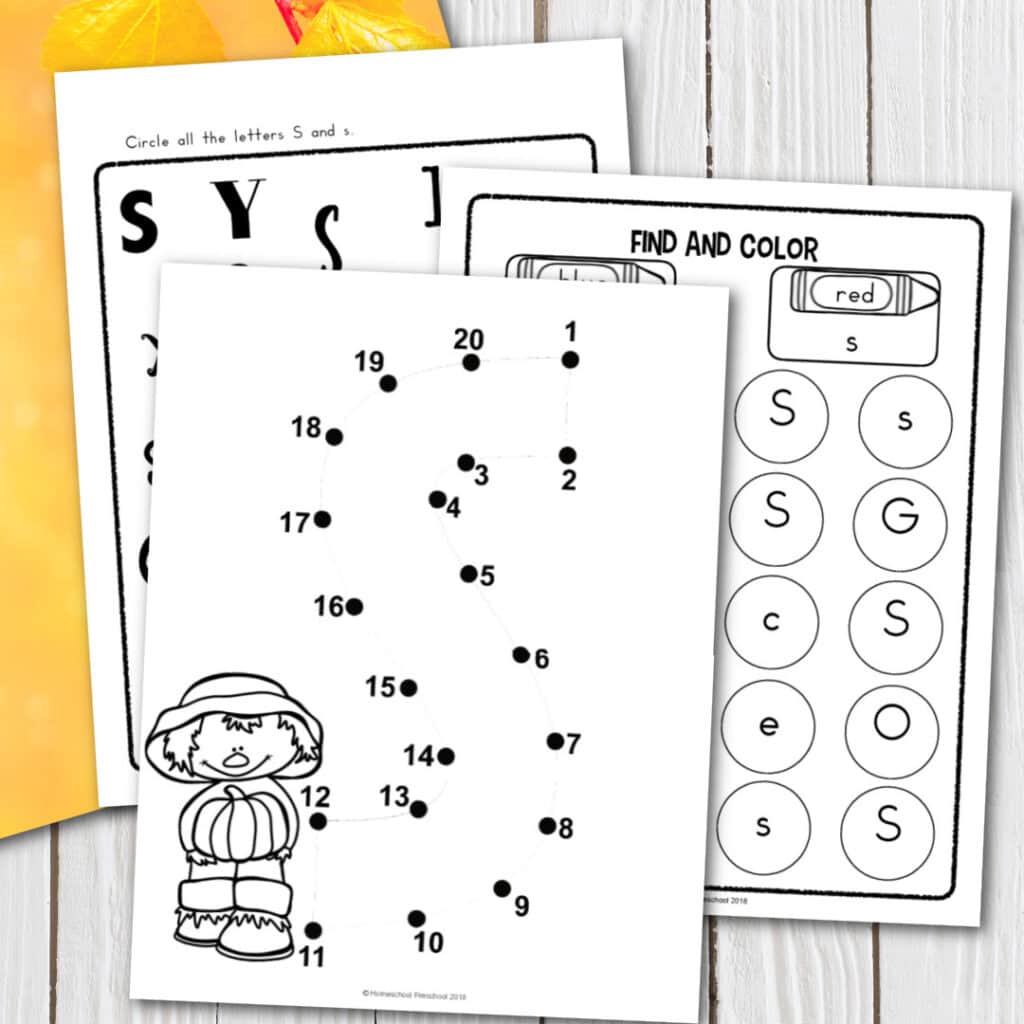 Scarecrow alphabet worksheets for preschool featuring a letter S search, find-and-color activity, and scarecrow dot-to-dot page.
