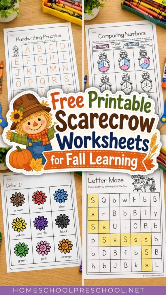Pinterest graphic promoting free printable scarecrow worksheets for fall learning, featuring preschool handwriting, comparing numbers, color recognition, and letter maze activities.