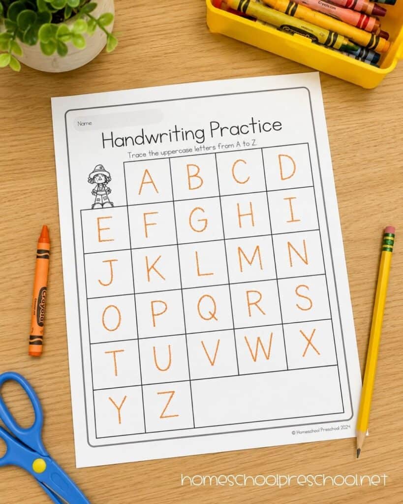 Scarecrow handwriting practice worksheet for preschoolers featuring uppercase letter tracing from A to Z as part of a fall-themed printable activity pack.