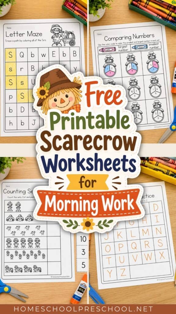 Pinterest graphic featuring free printable scarecrow worksheets for morning work, including preschool activities for letter recognition, counting, handwriting practice, and comparing numbers.