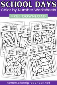 School Days Color by Number Worksheets for Preschool Learners