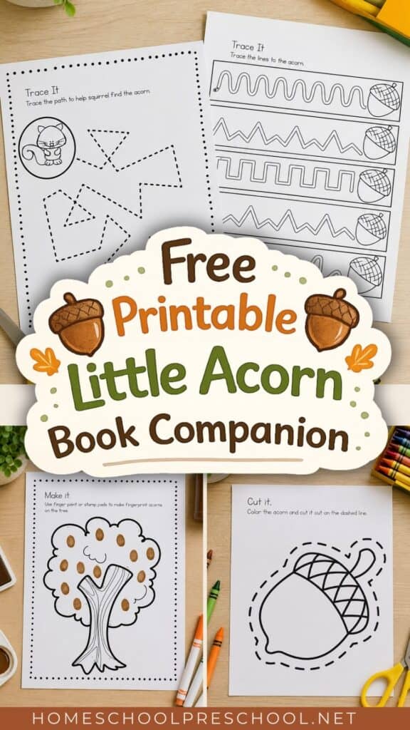 Little Acorn book companion printable for preschoolers featuring acorn tracing worksheets, fingerprint art, scissor skills, and fall learning activities.