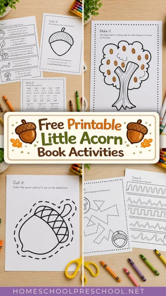 Free Little Acorn book activities printable for preschoolers featuring handwriting practice, tracing worksheets, fingerprint art, and acorn cutting activities.
