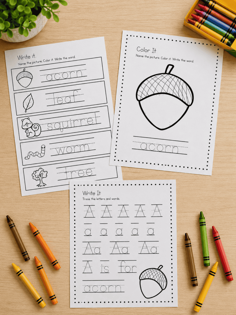 Little Acorn handwriting worksheets for preschoolers featuring letter A tracing, acorn vocabulary practice, and printable fall literacy activities.