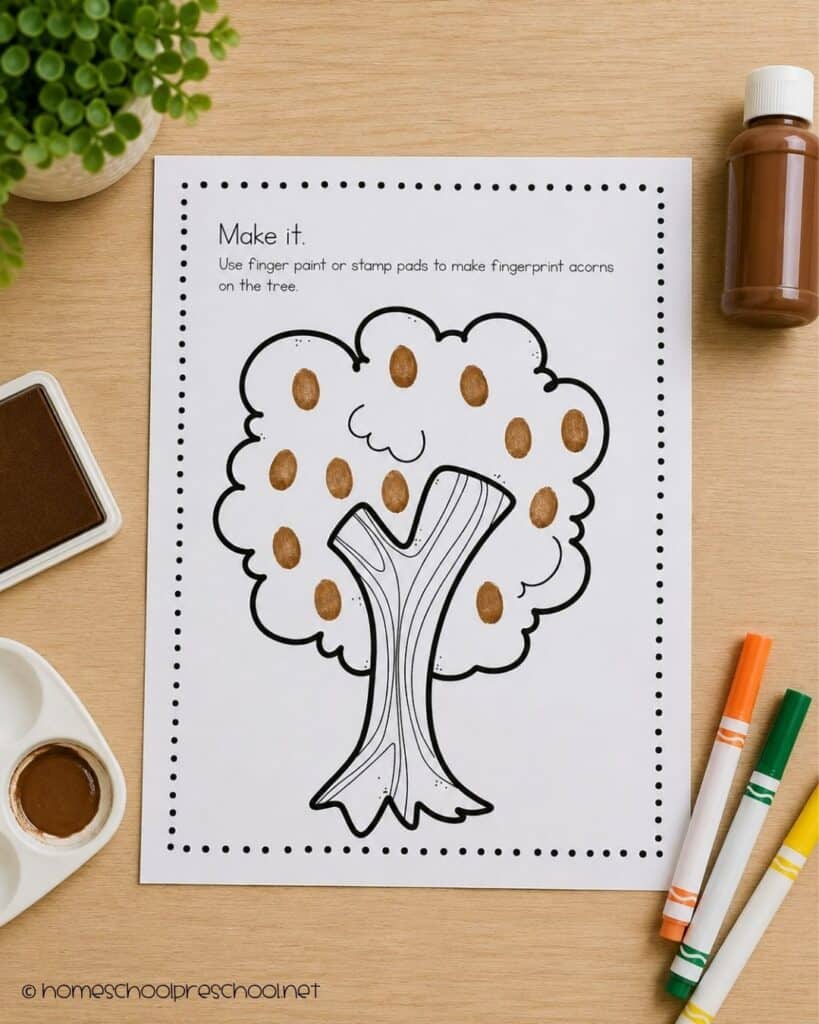 Acorn fingerprint art activity for preschoolers featuring a printable tree worksheet decorated with fingerprint acorns using brown paint.