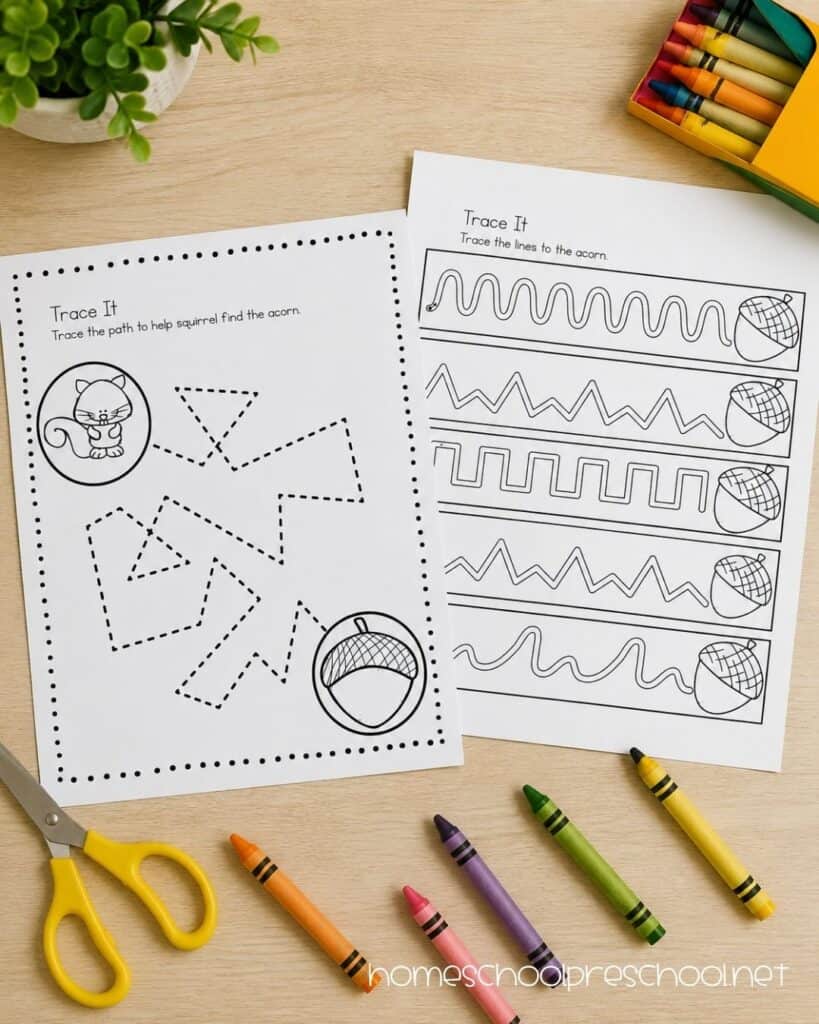Little Acorn printable tracing worksheets for preschoolers featuring acorn-themed line tracing activities, crayons, and child-safe scissors.