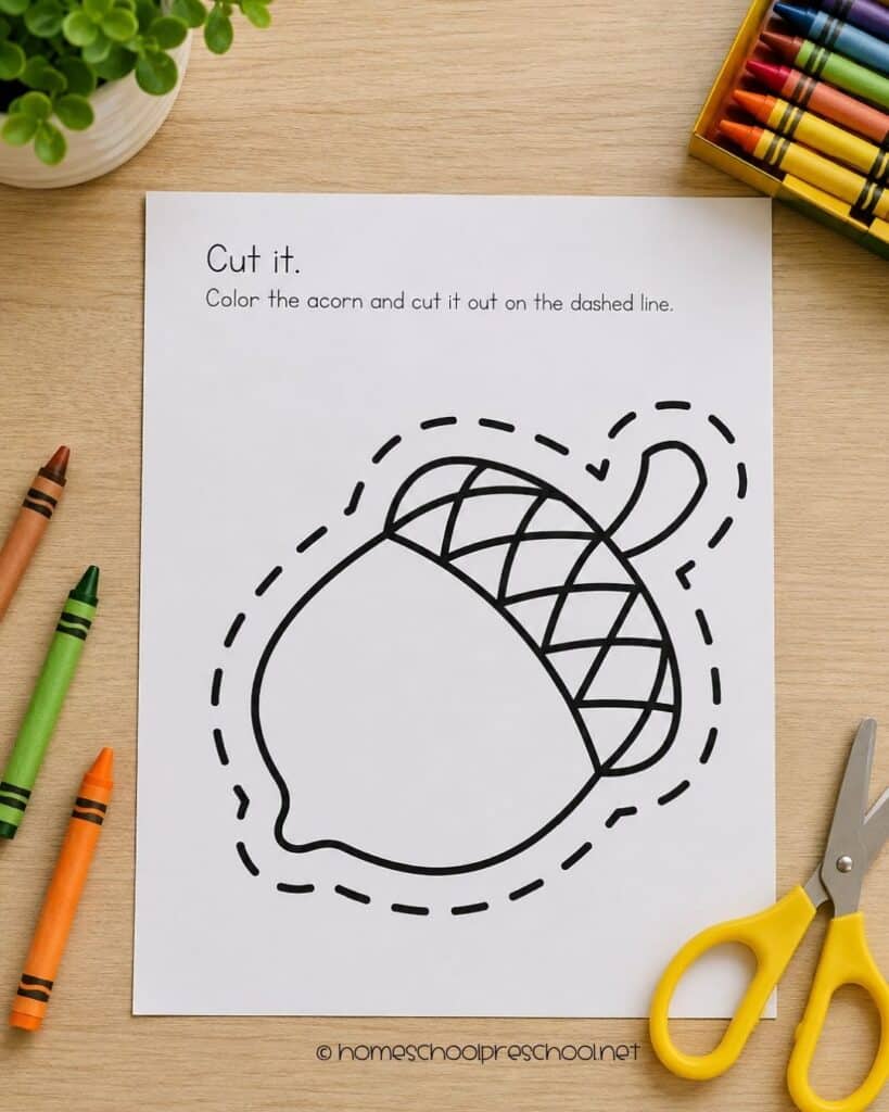 Little Acorn printable scissor skills activity for preschoolers with an acorn cut-and-color worksheet for fine motor practice.