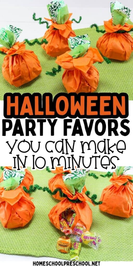 Candy-filled tissue paper pumpkins displayed as easy Halloween party favors with one pumpkin open to reveal wrapped candy inside.