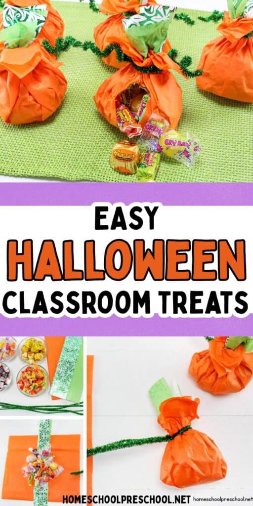 Candy-filled tissue paper pumpkin tutorial with finished Halloween classroom treats and step-by-step craft photos.