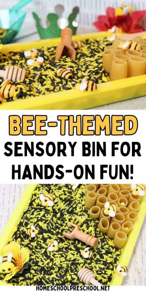 Bee sensory bin with black and yellow dyed rice, bee figurines, pasta tube hives, wooden scoop, and honey dipper arranged in a yellow tray.