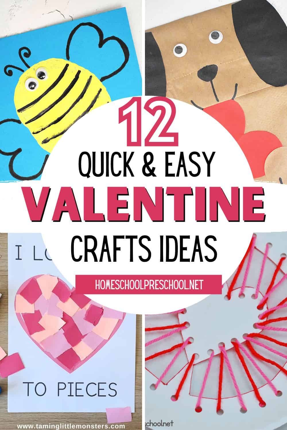 Four easy Valentine's crafts for preschoolers including bee card, paper bag dog puppet, mosaic heart, and yarn art