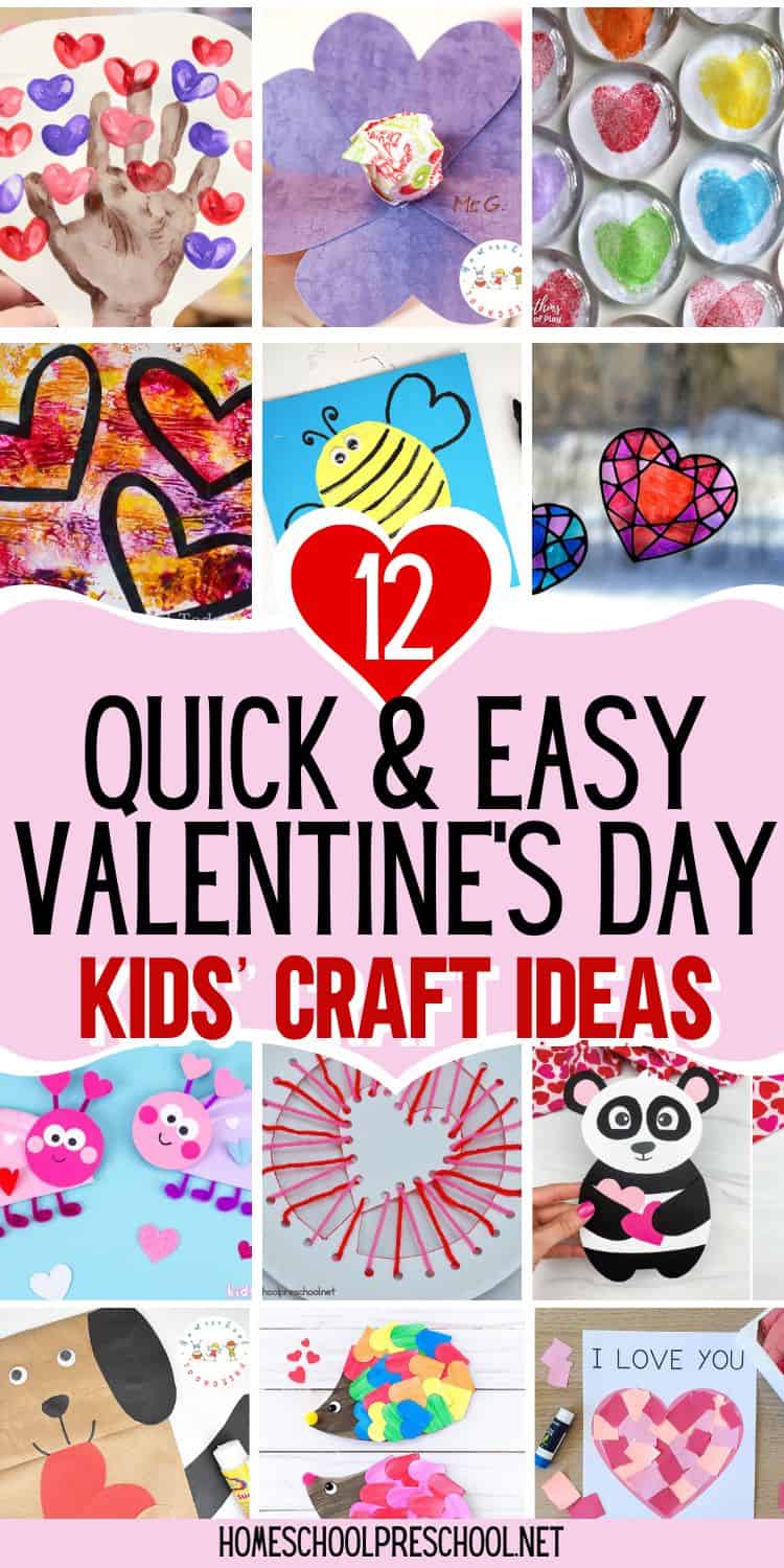 12 quick and easy Valentine's Day crafts for preschoolers including handprint art, heart suncatchers, bee cards, and paper bag puppets