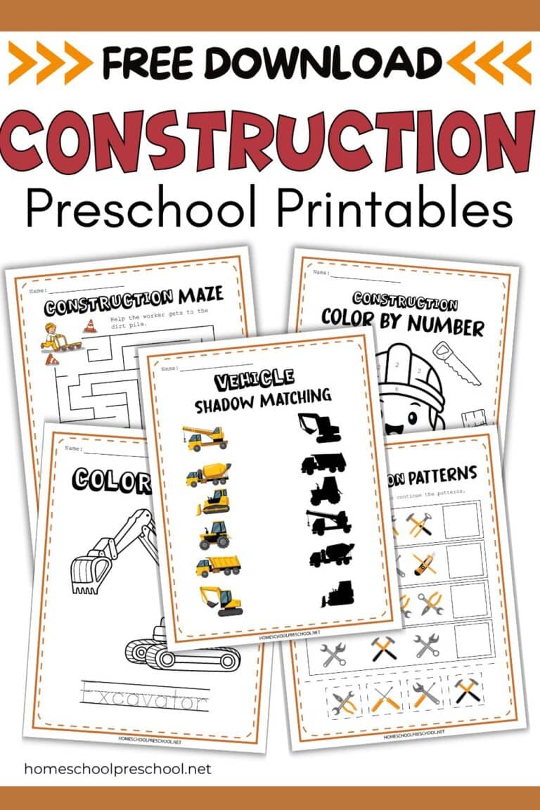 Free Construction Theme Preschool Printables for Kids