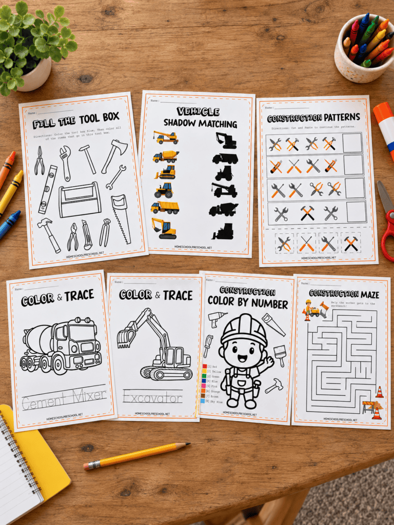 Free construction theme preschool printables featuring matching, patterns, tracing, color by number, toolbox, and maze activities.
