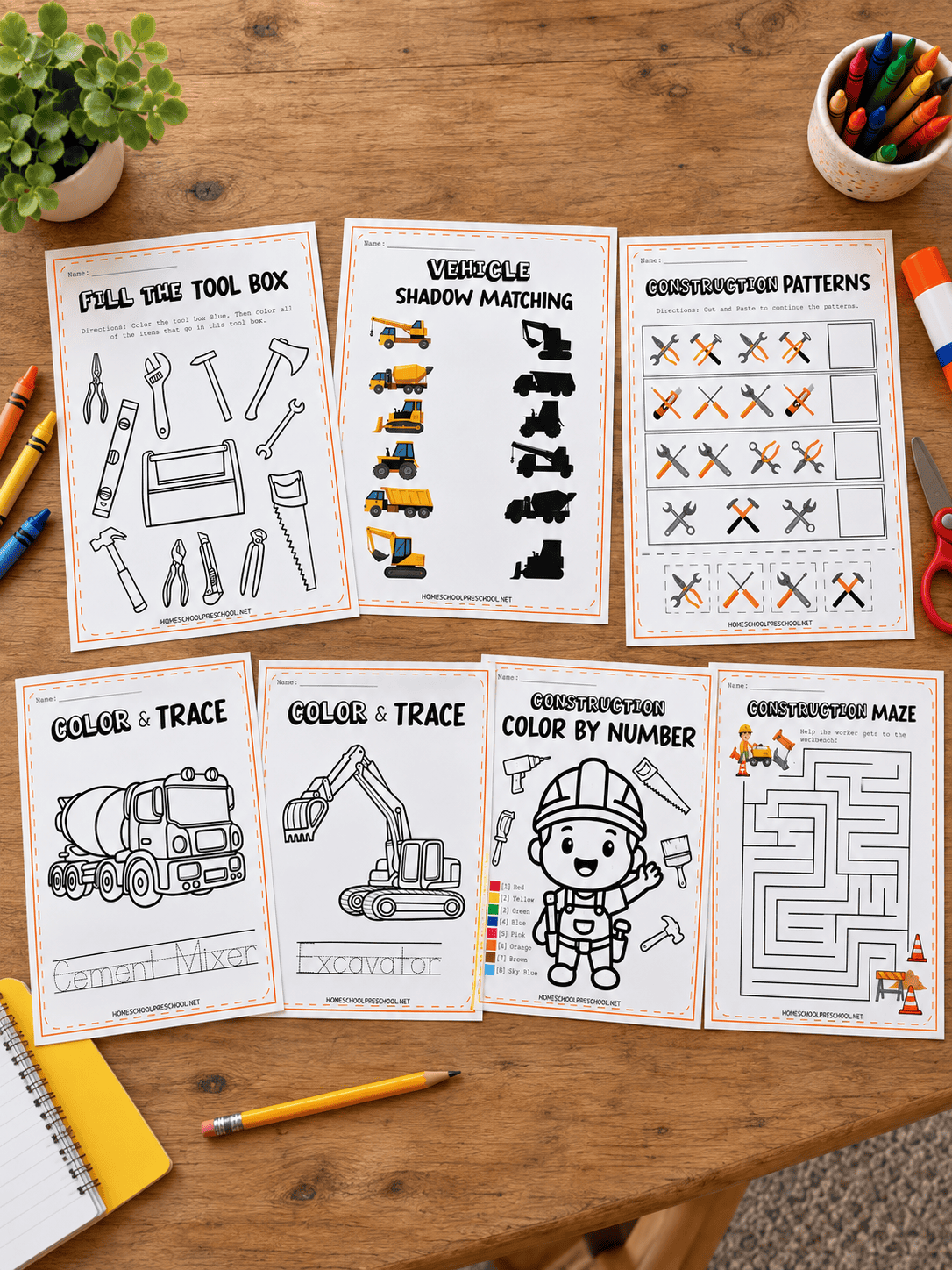 Free construction theme preschool printables featuring matching, patterns, tracing, color by number, toolbox, and maze activities.