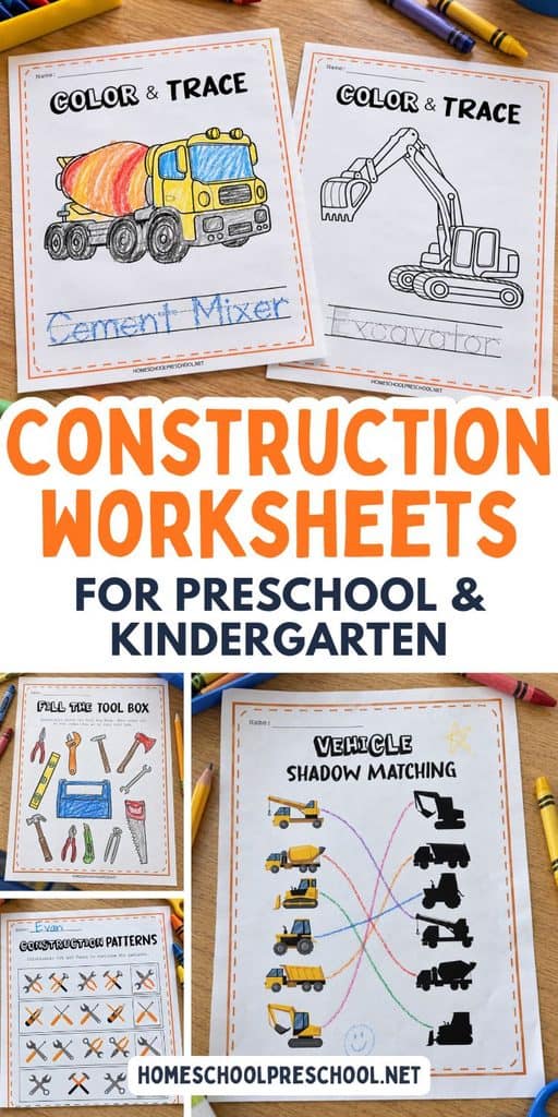 Construction worksheets for preschool and kindergarten featuring tracing, toolbox, pattern, and vehicle shadow matching activities.