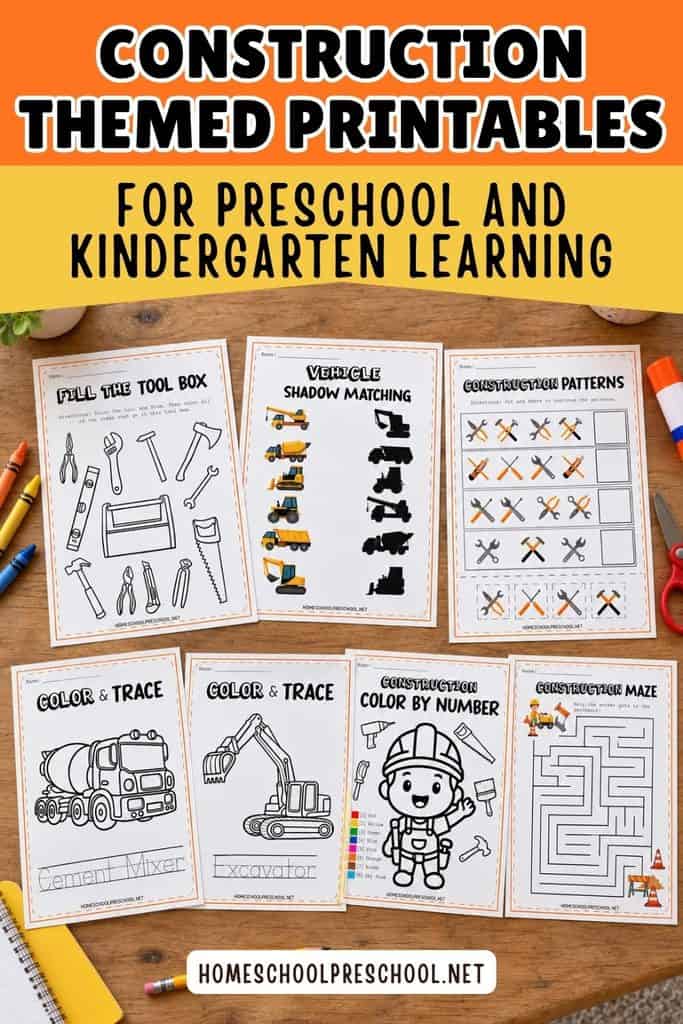 Construction theme preschool printables featuring tools, construction vehicles, patterns, tracing, color by number, and a maze.
