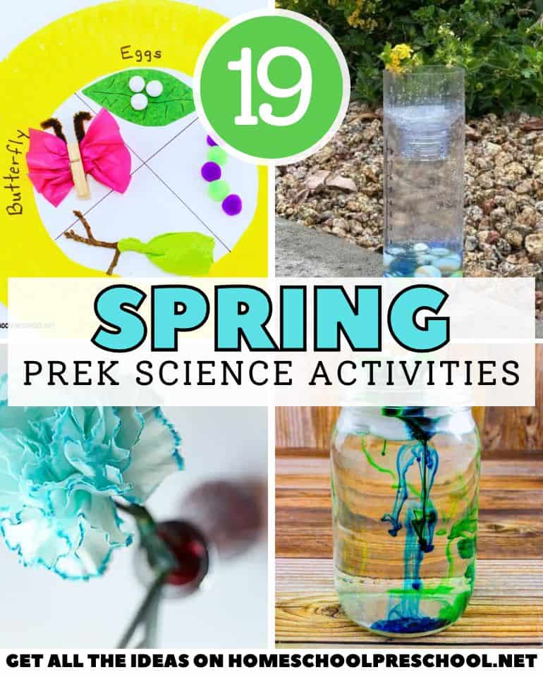 Spring preK science activities collage with butterfly life cycle craft, DIY rain gauge, color changing flower, rain cloud jar experiment, and text “19 Spring PreK Science Activities”
