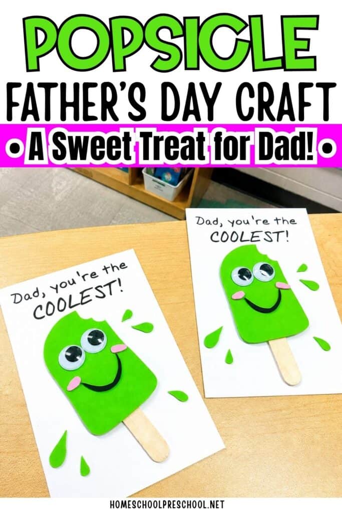 Popsicle Father’s Day craft for preschoolers featuring handmade popsicle cards with googly eyes and the phrase “Dad, you’re the coolest!” on white cardstock.