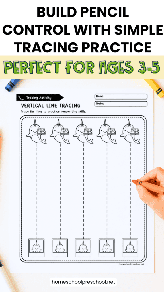 Child’s hand holding a crayon over a narwhal-themed vertical line tracing worksheet for preschoolers ages 3–5.
