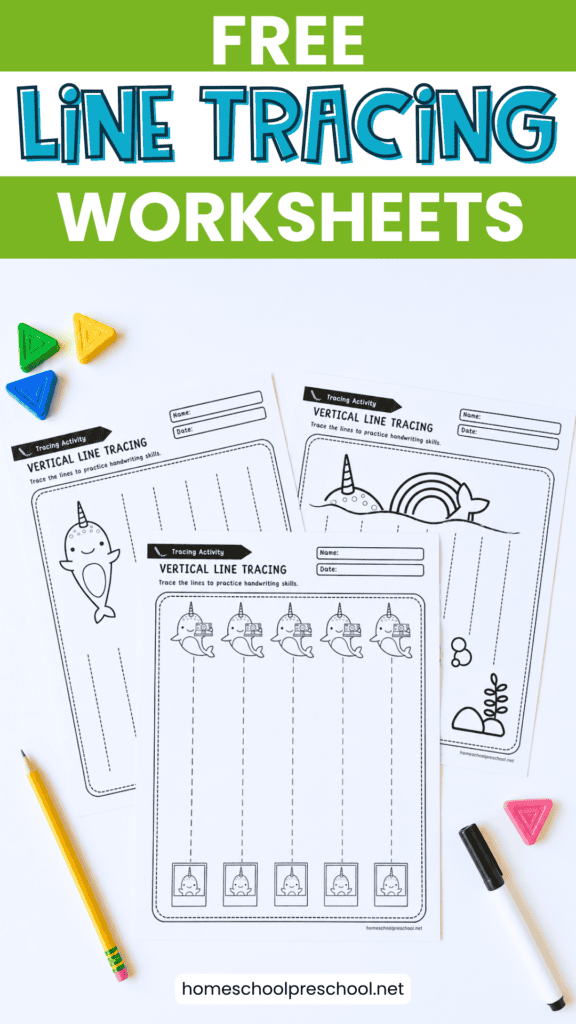 Free narwhal-themed line tracing worksheets displayed with preschool pencils, markers, and colorful triangular crayons.
