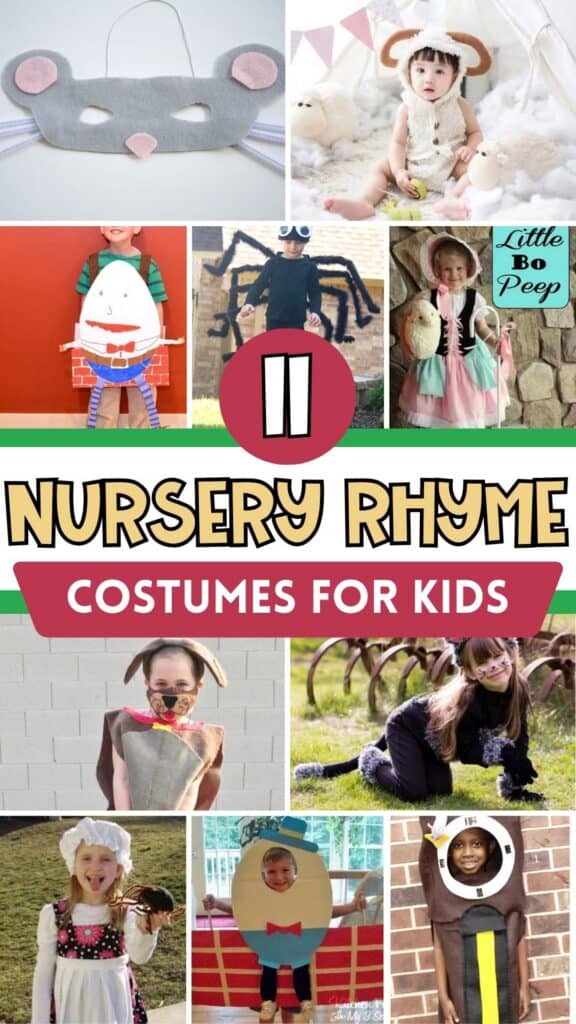 Collage of nursery rhyme costumes for kids featuring a mouse mask, sheep costume, Humpty Dumpty, spider, Little Bo Peep, dog, cat, Little Miss Muffet, and Hickory Dickory Dock clock costume. Text reads "11 Nursery Rhyme Costumes for Kids."