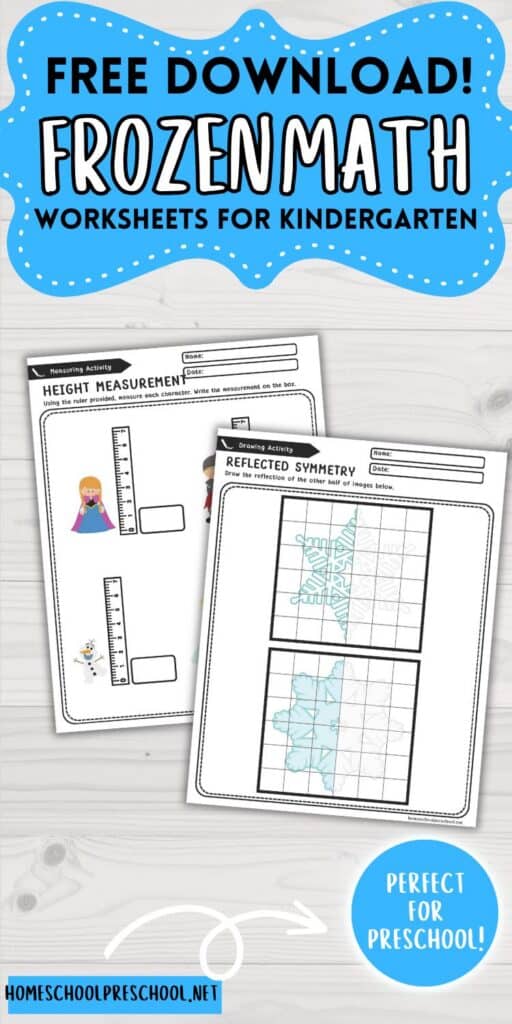 Free Frozen math worksheets for kindergarten featuring measurement and symmetry pages. Easy winter math practice for preschool and early learners.