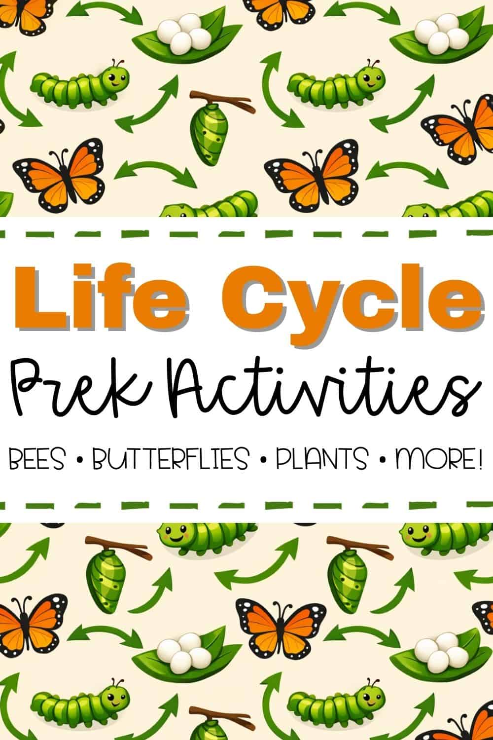 Life Cycle Pre-K Activities Pinterest graphic with butterfly life cycle background showing eggs, caterpillars, chrysalises, and butterflies with arrows connecting stages, and text reading “Life Cycle PreK Activities – Bees, Butterflies, Plants, and More.”