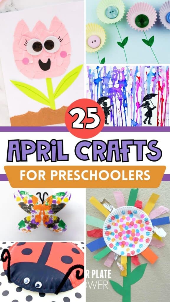 April crafts for preschoolers collage featuring tulip craft, cupcake liner flowers, rain painting, butterfly art, ladybug craft, and paper plate flower