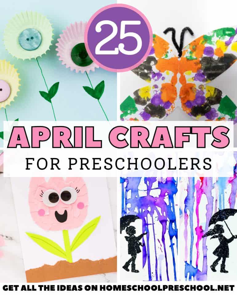 April crafts for preschoolers collage featuring flower crafts, butterfly painting, tulip craft, and rain art ideas for kids