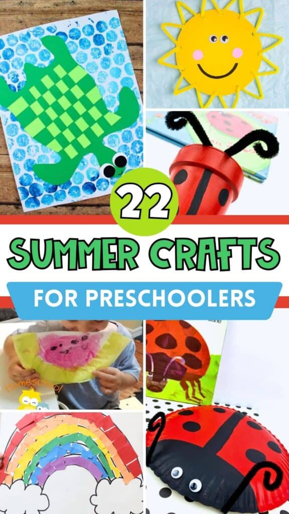 summer crafts for preschoolers collage featuring paper plate sun, sea turtle, ladybug, rainbow, watermelon, and other easy seasonal crafts for kids