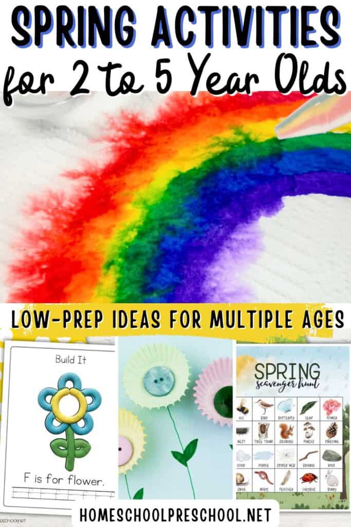 Spring activities for 2 to 5 year olds featuring rainbow art made with markers and water, a spring playdough mat, cupcake liner flower craft, and a printable spring scavenger hunt.