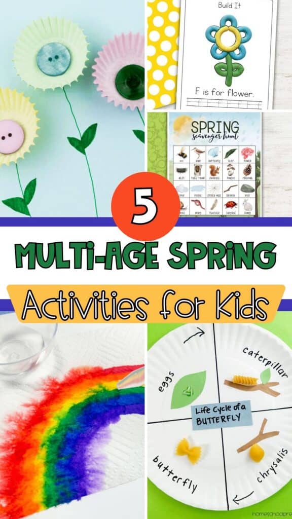 Collage of 5 multi-age spring activities for kids including cupcake liner flowers, spring playdough mats, a spring scavenger hunt printable, rainbow art with markers and water, and a butterfly life cycle craft with pasta on a paper plate.