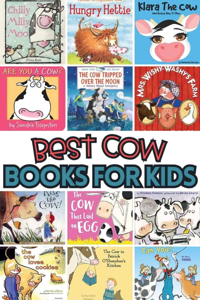 Best cow books for kids pin image featuring a collage of preschool cow themed book covers with bold text “Best Cow Books for Kids” in the center