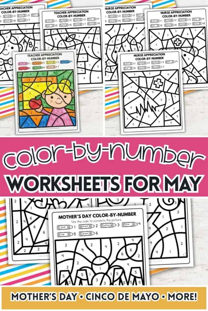 May color by number worksheets featuring teacher appreciation, nurse appreciation, and Mother’s Day themes for preschoolers with simple number-coded coloring pages.