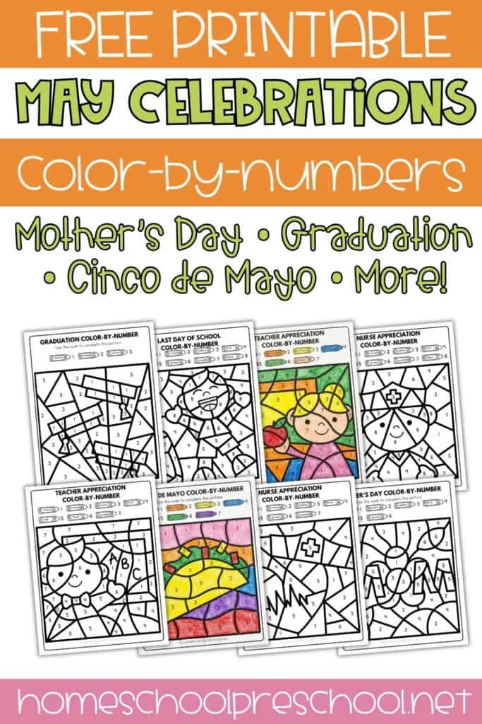 Mother’s Day and graduation color by number printable for preschoolers with simple number-coded sections for coloring.