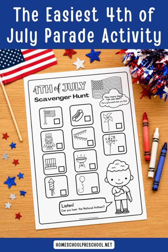 4th of July scavenger hunt printable on a patriotic-themed table with crayons, stars, and an American flag.