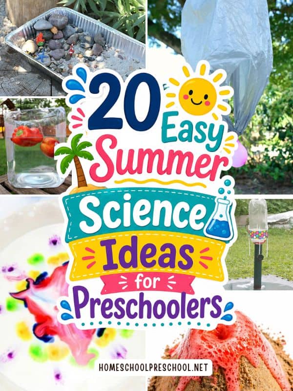 Colorful Pinterest graphic featuring “20 Easy Summer Science Ideas for Preschoolers” with bright summer-themed text overlay surrounded by kids science experiment photos including a water balloon parachute, floating fruit experiment, DIY rocket launcher, tide pool activity, colorful milk experiment, and erupting sand volcano.