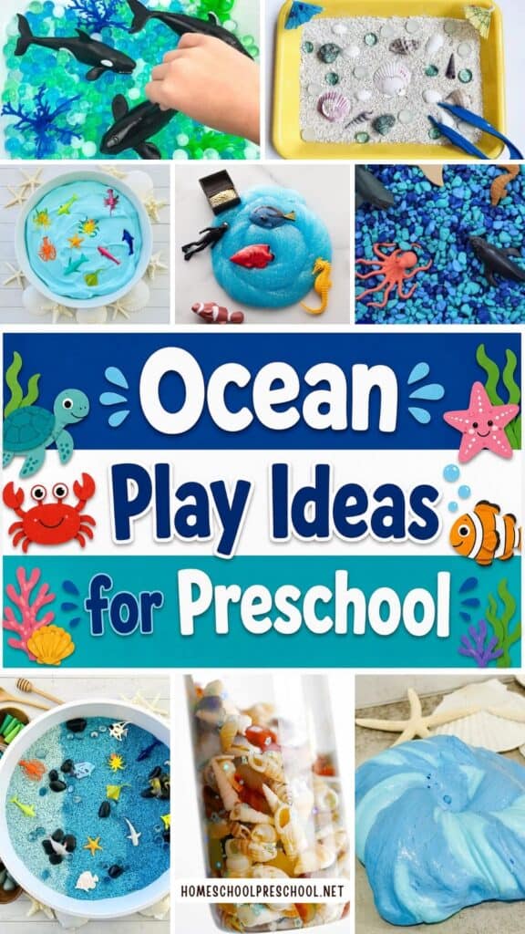 Collage of ocean play ideas for preschool including a water bead bin with whales, taste-safe beach sensory tray, chickpea foam with sea creatures, blue glitter ocean animal slime, aquarium rock bin, dyed rice ocean bin, seashell collection bottle, and blue swirl fluffy slime.