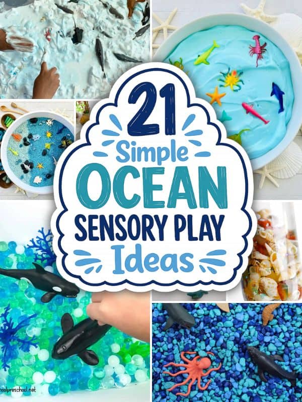 Collage of ocean sensory play ideas for preschoolers including shaving cream waves, chickpea foam with sea creatures, water bead bin, seashell sensory tray, and aquarium rock bin with the text 21 Simple Ocean Sensory Play Ideas.