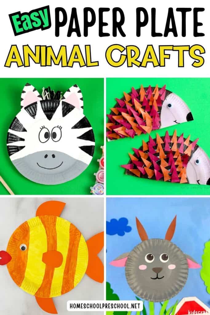 Collage of easy paper plate animal crafts for preschoolers featuring a zebra, hedgehog, fish, and goat with bold text reading “Easy Paper Plate Animal Crafts.”