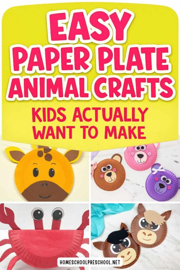 Pinterest graphic for easy paper plate animal crafts featuring giraffe, bear, crab, and horse crafts with bright pink and chartreuse title text.