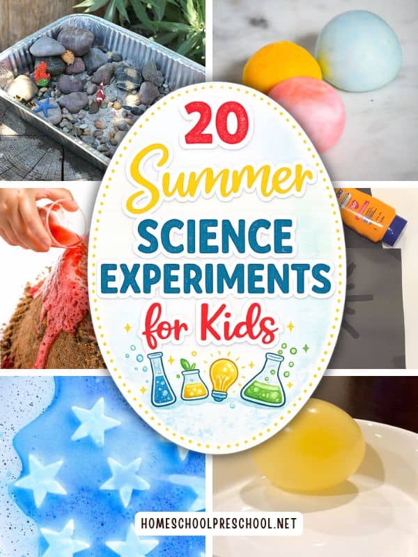 Pinterest graphic featuring “20 Summer Science Experiments for Kids” in a colorful oval sticker overlay surrounded by preschool science activity photos including homemade bouncy balls, erupting sand volcano, sunscreen painting, fizzy star experiment, tide pool sensory activity, and a bouncy egg science experiment.