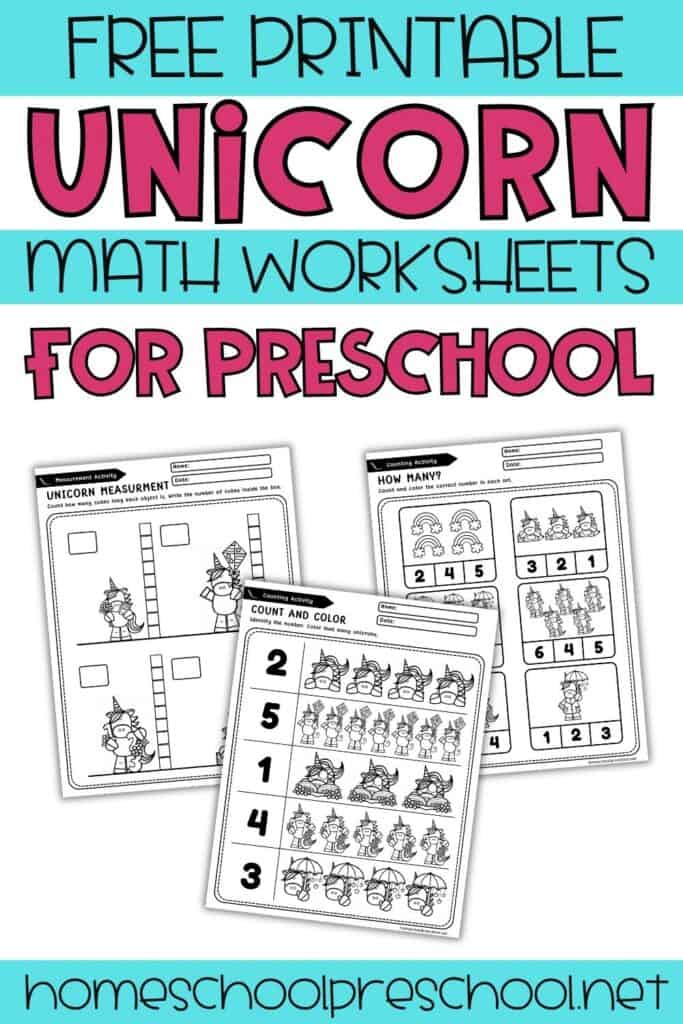 Pinterest-style graphic for free printable unicorn math worksheets for preschool featuring preview pages with counting, measurement, and count-and-color activities for preschool and kindergarten math practice.