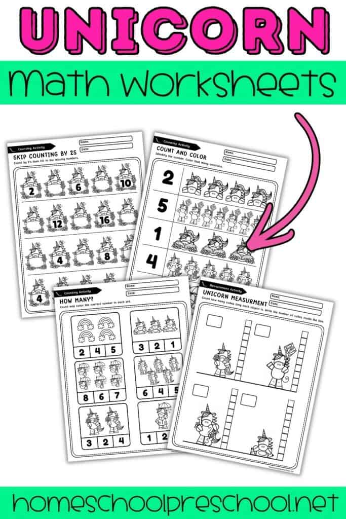 Preview image for unicorn math worksheets featuring preschool counting, skip counting by 2s, count-and-color, and measurement activities with printable black-and-white worksheet pages.