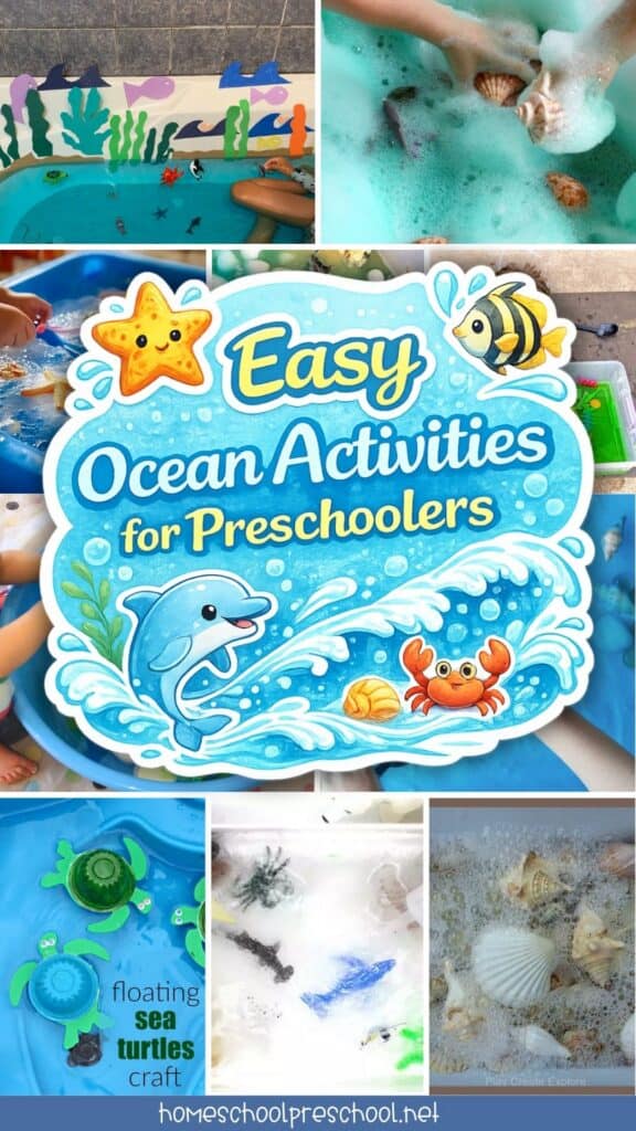 Collage of ocean-themed preschool water play activities including sensory bins, seashell washing, frozen ocean rescue play, floating sea turtle crafts, and under-the-sea water activities with the text “Easy Ocean Activities for Preschoolers.”