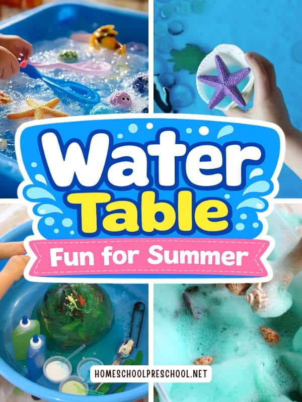 Collage of ocean-themed water table activities for preschoolers featuring bubbly sensory bins, ocean toys, frozen ocean play, and seashell washing with the text “Water Table Fun for Summer.”